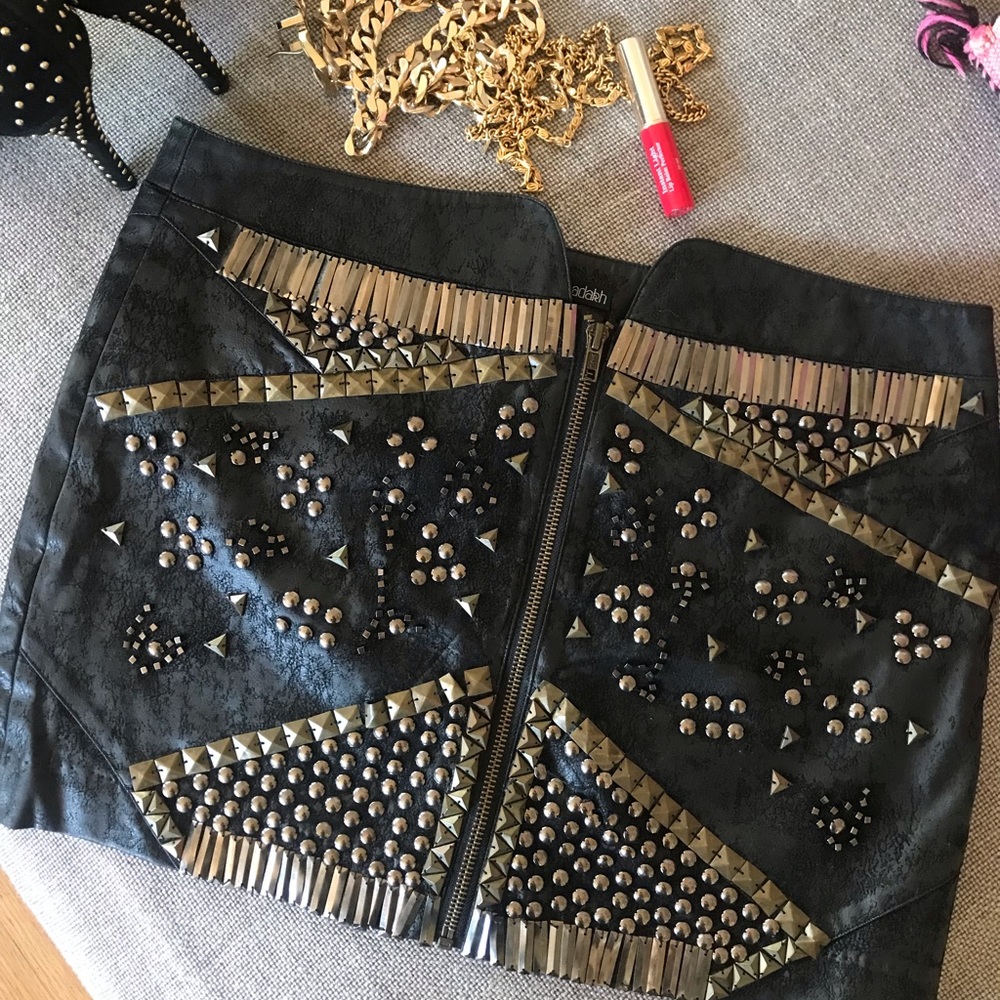 Ladakh Faux black leather studded mini skirt with zipper